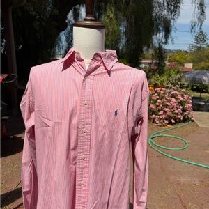 Ralph Lauren Pink Striped Button-Down Shirt with Navy Logo